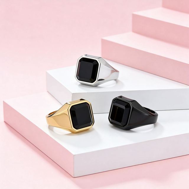 Stainless Steel Square Agate Signet Rings Mens Black Onyx Fashion Pinky Thumb Ring Jewellery