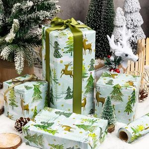 Papel de Regalo Navideño Verde con Diseño de Ciervos y Árboles de Navidad en un País de las Maravillas Nevado de Invierno en Acuarela - Product Image 2