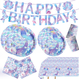 Nuovo Set di Piatti in Carta Ecologici a 4 Colori, Tema Sirena con Scaglie di Pesce, Stile Cartone Animato per Feste di Compleanno e Decorazioni - Product Image 1