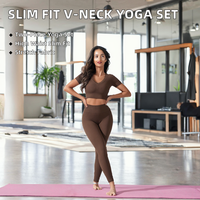 Ensemble de yoga 2 pièces pour femme, coupe ajustée, côtelé, à col en V profond sur le devant, taille haute élastique, manches courtes, extensible