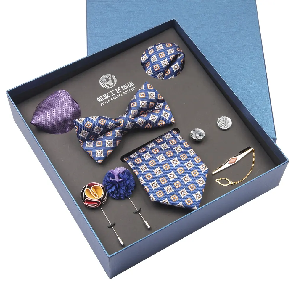 Kişiselleştirilmiş erkek hediye kutu seti Polyester kravat papyon kol düğmesi ve iş partisi için kravat iğnesi