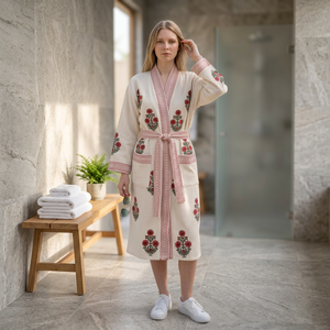 Women Floral Embroidered Waffle Robe Long Sleeve V-Neck Knee Length 100% Cotton Soft Casual Summer <b>Dressing</b> <b>Gown</b> BATH ROBE - Product Image 3
