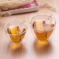 Vente en gros de tasses à café en verre à double paroi en forme de cœur transparent en borosilicate de haute qualité