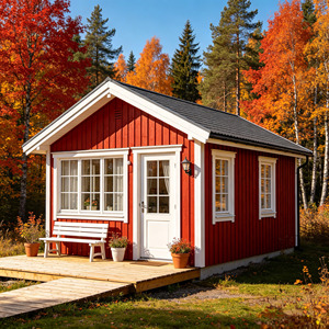 Cabane en bois modulaire miniature à 1 chambre, 38,44 m², style suédois, rouge, avec terrasse pour le glamping - Product Image 1