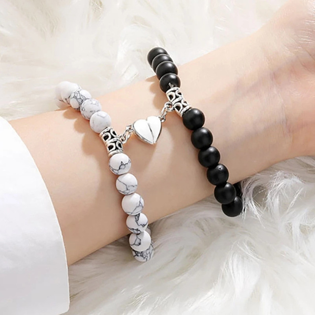 2pcs/set Classic Magnetic Heart Clasps Natural Howlite Matte Onyx Bead Touch Bracelet Set Long Distance Couple Ball Pattern