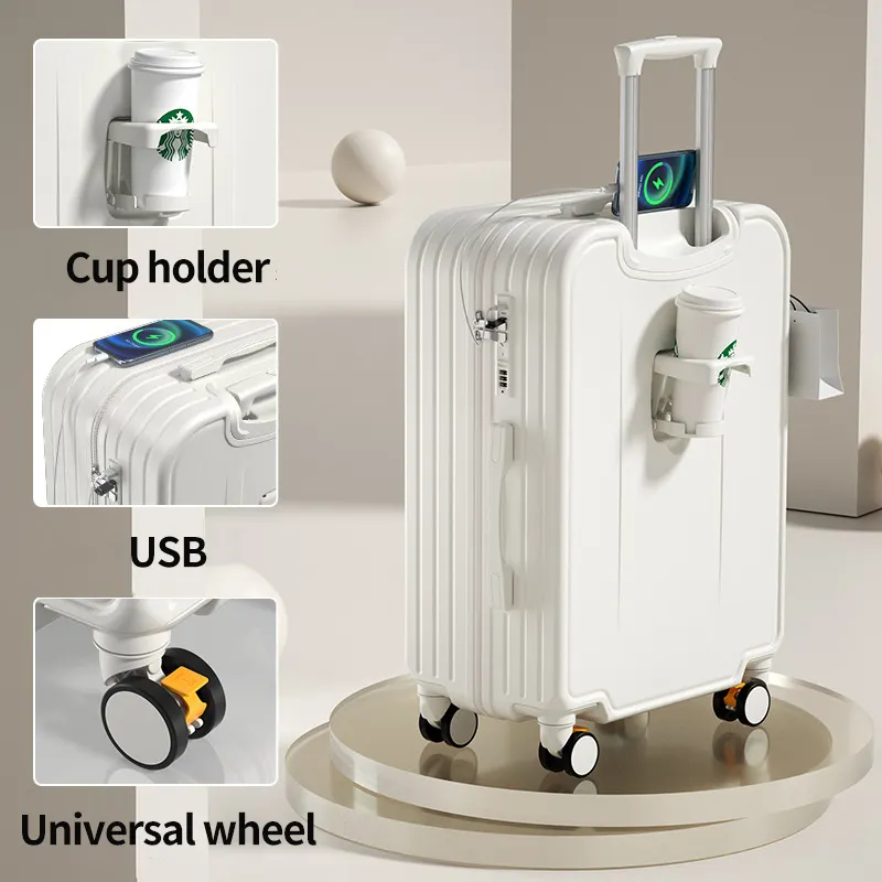 Multi-functional fashion luggage with water cup holder USB interface side hook brake wheel travel carryon luxury suitcase