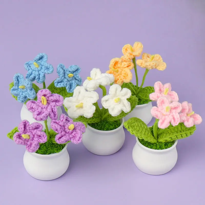 Forget Me Not Bonsai Desktop Decoration Gift Artificial Plant Handmade Crochet Potted Flower