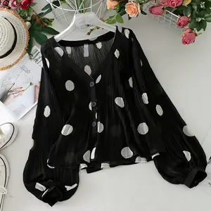 Blus Ramping Kerah V Wanita, Blus Retro Lengan Lentera Panjang Polkadot, Atasan Klub Seksi E9539