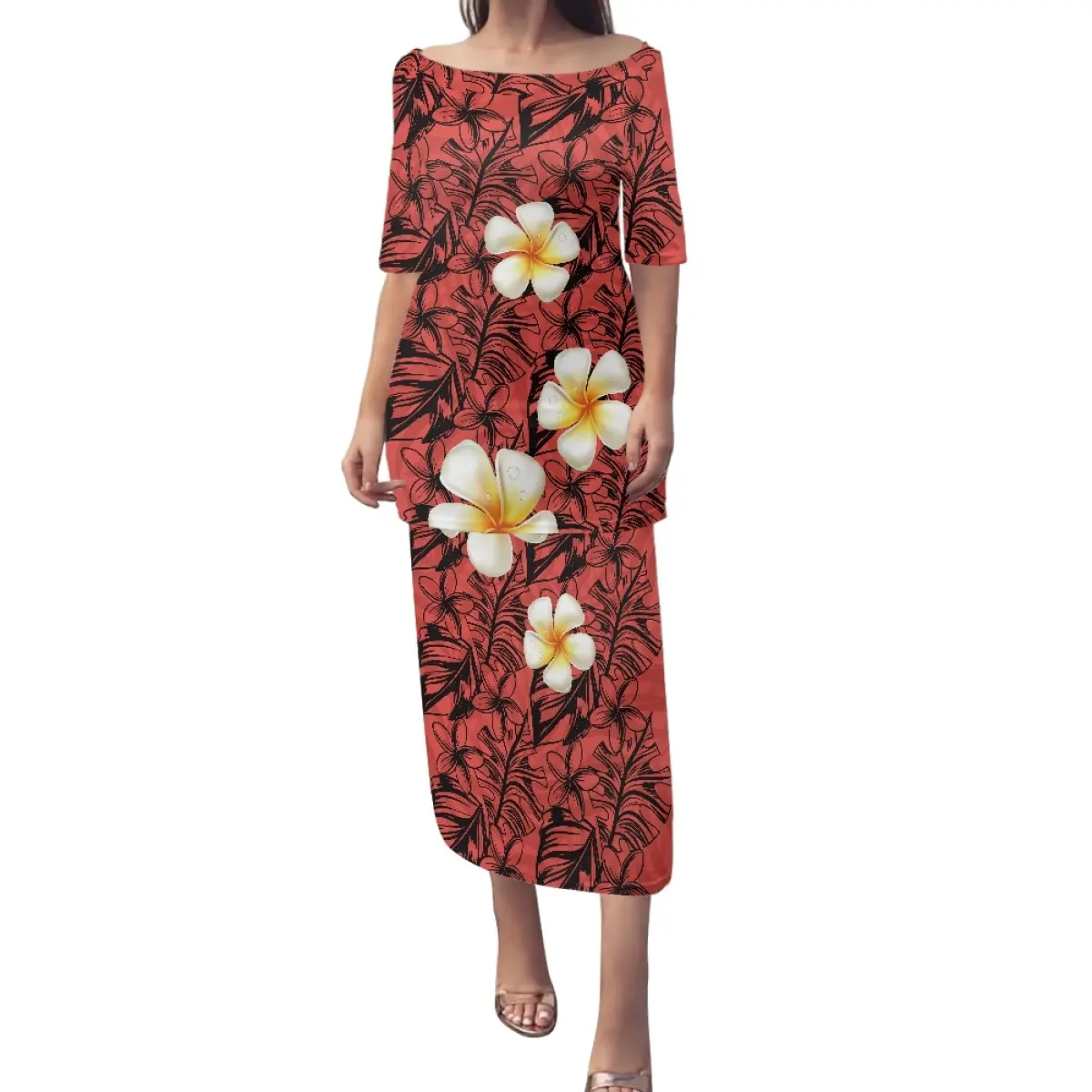 Samoan Puletasi giyim polinezya hatmi çiçeği tasarımcı ada kadın elbisesi ucuz toptan zarif kapalı tek omuzlu elbise sıcak