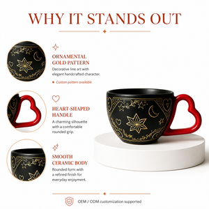 Mug en céramique personnalisé sur mesure, noir mat, avec gravure d'étoiles et de lunes célestes, poignée en forme de cœur rouge, cadeau original pour la Saint-Valentin - Product Image 2