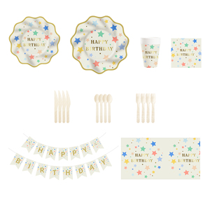 DAMAI - Juego de Vajilla Desechable de Papel con Diseño de Feliz Cumpleaños, Color Morado con Estampado Dorado en Relieve, Platos y Servilletas - Product Image 1