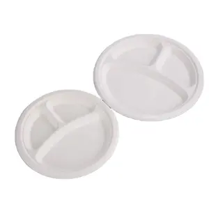 9 Inch 3-Compartment Biodegradable Compostable Sugarcane Bagasse Pulp Paper Plate