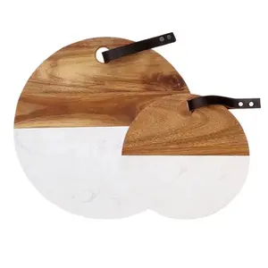 round Acacia Wood and white Marble Decorative Charcuterie Board Cheese Server Cutting Display chopping Board