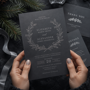 Suite de papeterie personnalisée pour <span class=keywords><strong>mariage</strong></span> d'hiver : Invitation, Menu, Carte de remerciement en papier anthracite avec dorure argentée, pour thème hiver et fêtes, faible MOQ - Product Image 4