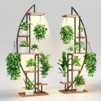 Support à plantes créatif à 6 niveaux en forme de feuille avec lumières LED, étagère en bois à structure métallique, support à fleurs suspendu autoportant