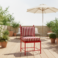 Fauteuil d'extérieur en tissu à séchage rapide avec service OEM, logo personnalisé, accoudoirs métalliques et coussin à passepoil pour patio, jardin et bistrot