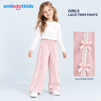 Pantalon droit personnalisé Smiledotkids pour enfants, rose, avec dentelle et nœud, taille élastique, OEM ODM, vente en gros pour petites filles