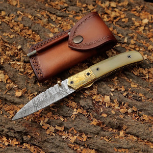 High Quality Damascus Stainless Steel Drop Point Folding <b>Knife</b> Back Lock <b>Bone</b> <b>Handle</b> Sheath for Pocket Hunting Camping <b>Knife</b> - Product Image 5