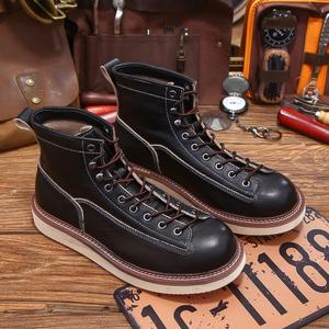 Casual Boots for Men Genuine Leather Work Boots Retro Style Warm & <b>Height</b> <b>Increasing</b> Black British Style Color-Block Trendy - Product Image 4