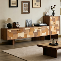 Meuble TV en bois massif de style Mid-Century, design original et artistique, avec rangement intégré, à poser au mur, pour salon