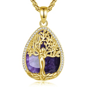 Talisman Mère et Enfant Protection Psychique Pendentif Goutte d'Eau Arbre de Vie Plaqué Or 18K avec Améthyste Naturelle et Zircon - Product Image 1