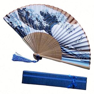 Japanese Sea Wave Printed Bamboo Silk Hand Fan With Tassel Wedding <b>Gifts</b> - Product Image 1