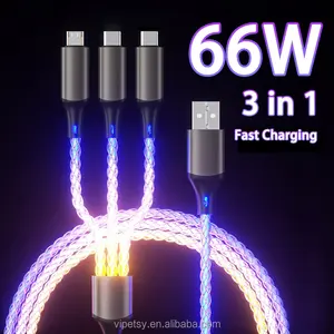 2024 RGBสีสันStreamerเรืองแสง66W 3ใน1 Fastชาร์จประเภทCสายMicro USBสําหรับHuawei Xiaomi ChargerสายUSB