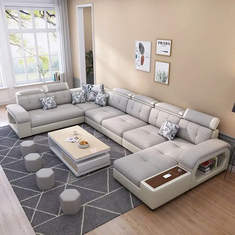 Conjunto de sofás para sala de estar, muebles de estilo moderno para el hogar, tela de lino y cuero cómoda de alta calidad, juego de sofás multifunción de brazo bajo