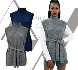 Gilet Minimalista da <span class=keywords><strong>Donna</strong></span> in Maglia, Maglione Senza Maniche a Collo Alto, Tunica con Cintura, Lusso Discreto, Elegante Abbigliamento da Ufficio, Maglieria Grigia - Product Image 2