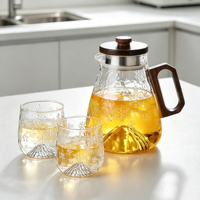 Carafe à eau en verre borosilicate de 1,3 L avec 2 tasses, motif flocon de neige, pour eau froide, théière en verre avec poignée en bois, vaisselle