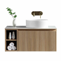 Meuble-lavabo mural flottant cannelé avec vasque en céramique blanche, meuble de rangement pour salle de bain