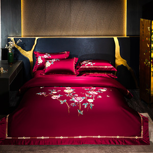 Wedding Four-piece Kit 1.8m Cotton Satin Embroidered <b>Bedding</b> <b>Set</b> Light Luxury Style Breathable Plants And Flowers Pattern - Product Image 1