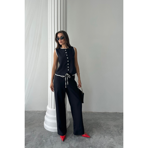 Conjunto de chaleco y pantalón de lino con bordes ribeteados en negro, traje de mujer, talla S - Product Image 4