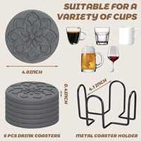 6 pièces de sous-verres absorbants en terre de diatomée avec support, 4 pouces, ronds, antidérapants, gravés de motifs floraux