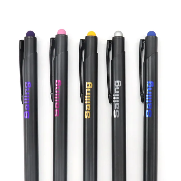 Ручки на заказ, черный металл, гравировка, лазерный цветной логотип в двойном корпусе, цветной стилус