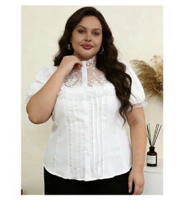 <b>Large</b> Size Cotton Material Women Long Sleeve Blouses Chinese Collar Shirt with Lace - Product Image 4