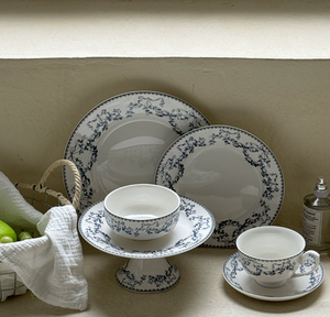 Service de table en céramique bleu floral vintage français, assiette, bol, tasse, soucoupe, vaisselle en porcelaine rétro pour mariage, restaurant - Product Image 5
