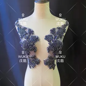 Wuku light tone green haute couture hand make applique patch in blu navy
