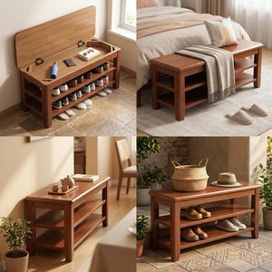 Solid Wood <b>Shoe</b> Bench Double Layer <b>Storage</b> With Hidden Compartment For Entryway And Living Room - Product Image 4