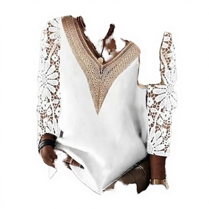 Blusas de Punto con Cuello en V y Encaje Floral, Casuales, Tallas Grandes, Manga Larga, para Mujer, Primavera-Otoño, Venta al Por Mayor - Product Image 2