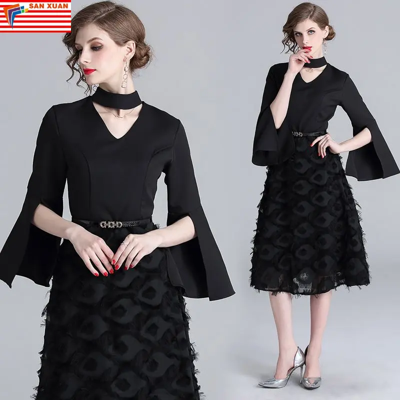 2023 Autumn New Arrival Cotton Fabric Women's V Collar Opened Sleeve Party Dress Lady Middle Length Lace Tassel Skirt