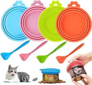 Pet Can Covers With Spoon Universal BPA Free stretch lids fit 3 Standard Size Silicone Pet Food Can Cover for Dog and Cat Food