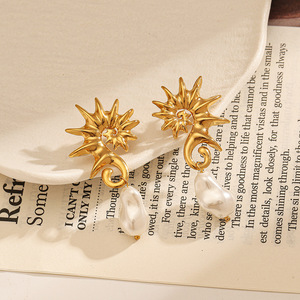 Pendientes colgantes de acero inoxidable con diseño geométrico en forma de estrella de perlas de imitación para uso diario de las mujeres - Product Image 2