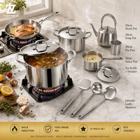 Batterie de cuisine en acier inoxydable Zhenneng 12 pièces 304 – Ensemble durable avec bouilloire, marmite à soupe et écumoire pour gaz et induction