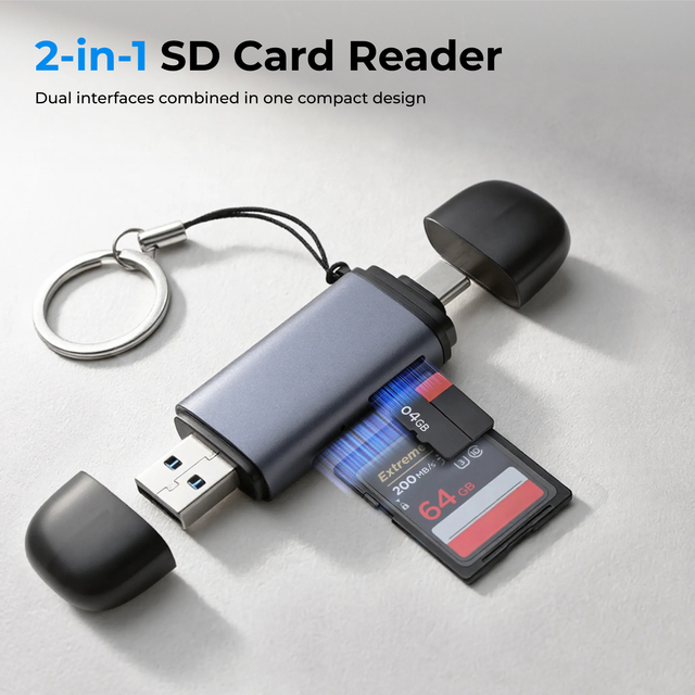 2-in-1 Portable Dual Connector SD TF Card Reader with 3.0 USB a C Dual SD/TF Slots 5Gbps High Speed for Laptop Phone Computer