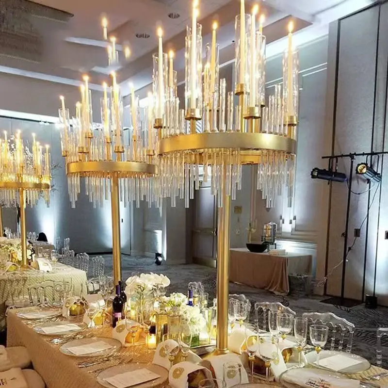 Centro de mesa para bodas, decoración de boda, portavelas de Metal, centros de mesa de oro