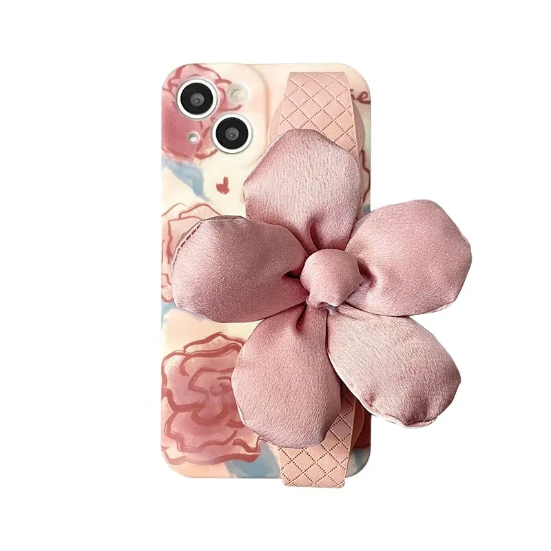New Fashion Pink Floral Print Phone Case With Down Jacket Flower Leather Wristband Camera Protection Cover