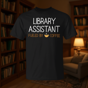 T-shirt « Assistant de bibliothèque : Alimenté par le café » pour les amateurs de livres et le personnel de bibliothèque - Product Image 1