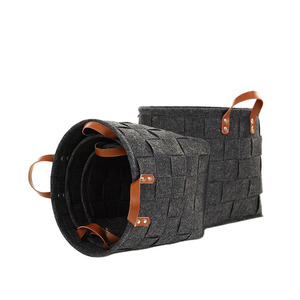 Cesta de almacenamiento tejida de fieltro plegable organizador de juguetes impermeable negro con mango de cuero - Product Image 1
