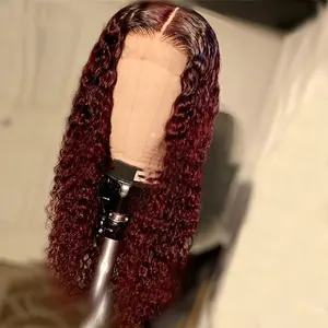 Grosir jahe rambut keriting hitam-Ombre Gelap 99j Air Warna Gelombang 100% Virgin Brasil Brazilian Rambut Manusia Basah Keriting Renda Depan Wig dengan Bayi rambut